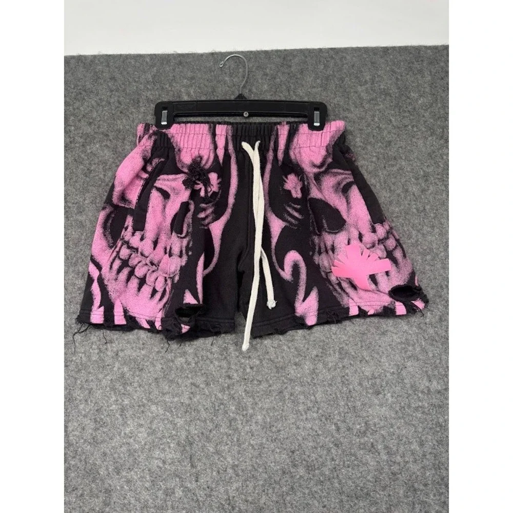 Unknown Brand Skull Graphic Distressed Sweat Shorts Black Pink Streetwear Mens